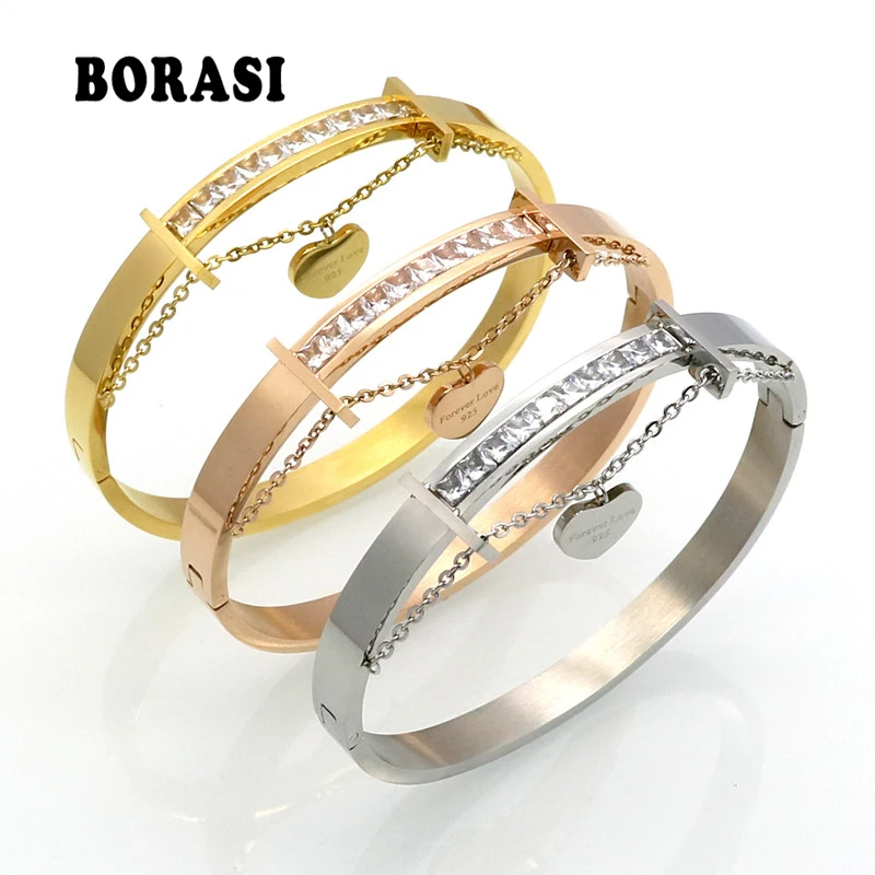 

BORASI New Luxury Famous Brand Jewelry Pulseira Stainless Steel Crystal Bracelets & Bangles Female Love Heart Bracelet For Women