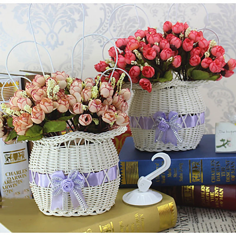 1 Set Rural Roses Wall Mounted White Plastic Basket Artificial Flowers Home Wedding Bridal Shop