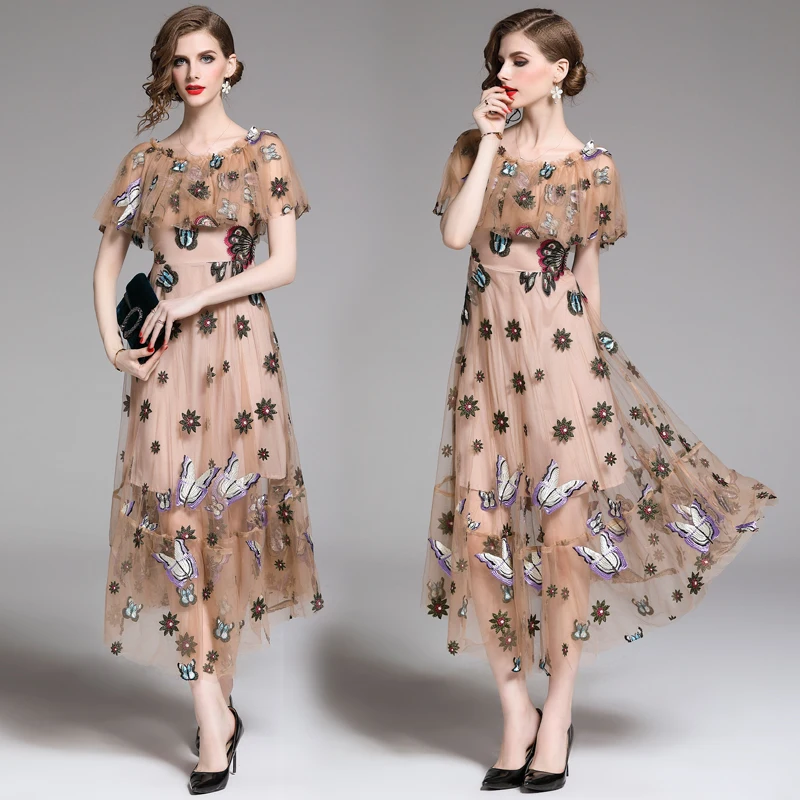 

Quality Fashion Designer Runway Dress 2019 Summer Women's Short Sleeve Flower Embroidery Dress ruffle