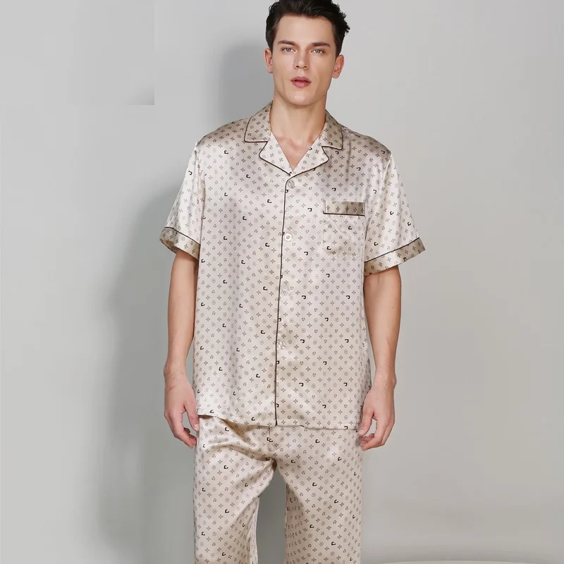 

men 100% silk pajama sets 2020 man summer dot print silk stain short sleeve pants pajamas set male sleepwear homewear sets
