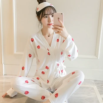 

2019 Spring Autumn Kimono Pajama Sets for Women Long Sleeve Milk Silk Print Pyjama Sleepwear Pijama Mujer Homewear Home Clothing