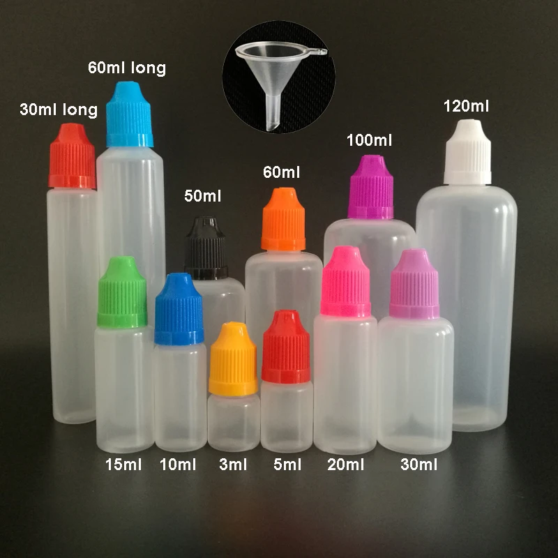 

10pcs 3ml 5ml 10ml 15ml 20ml 30ml 50ml 60ml 100ml 120ml PE Plastic Dropper Bottle With Childproof Cap for E liquid with funnel