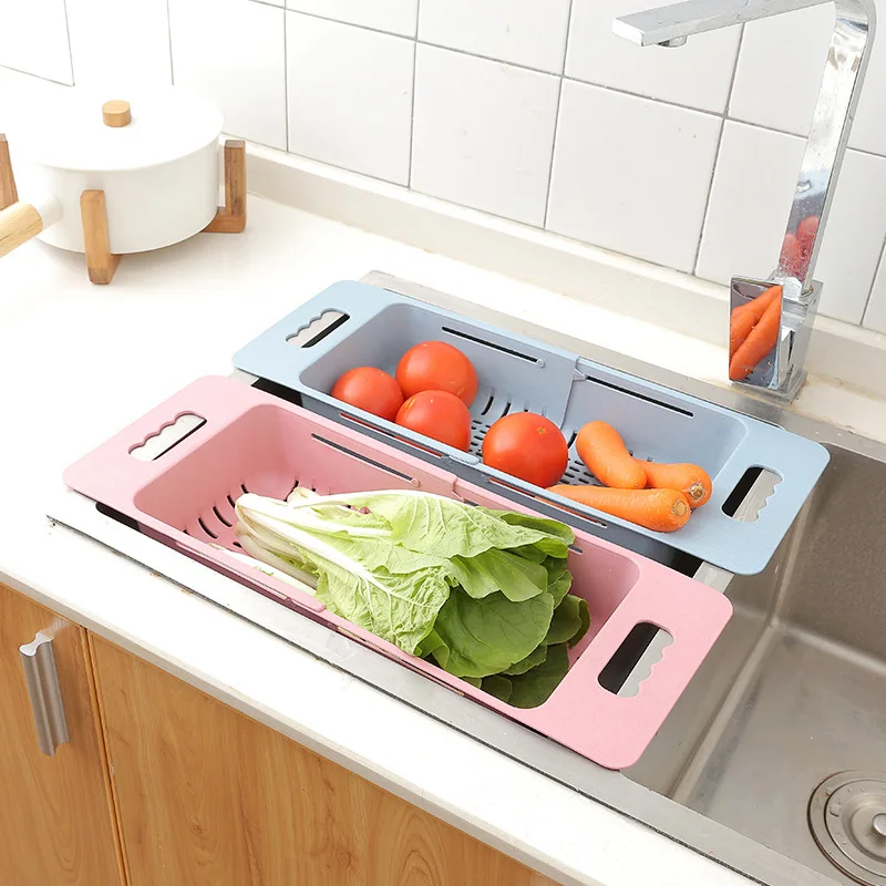 

1pc Plastic Retractable Vegetable Fruit Washing Drain Basket Over Sink Drain Rack Colanders Strainer Drying Rack Kicthen Storage