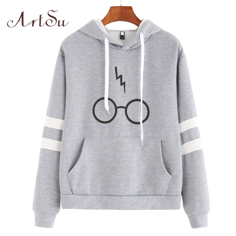  ArtSu Glasses Print Women Sweatshirt Hoodies Character Lightning Hoody 2017 Hooded Fleece Top Slim 