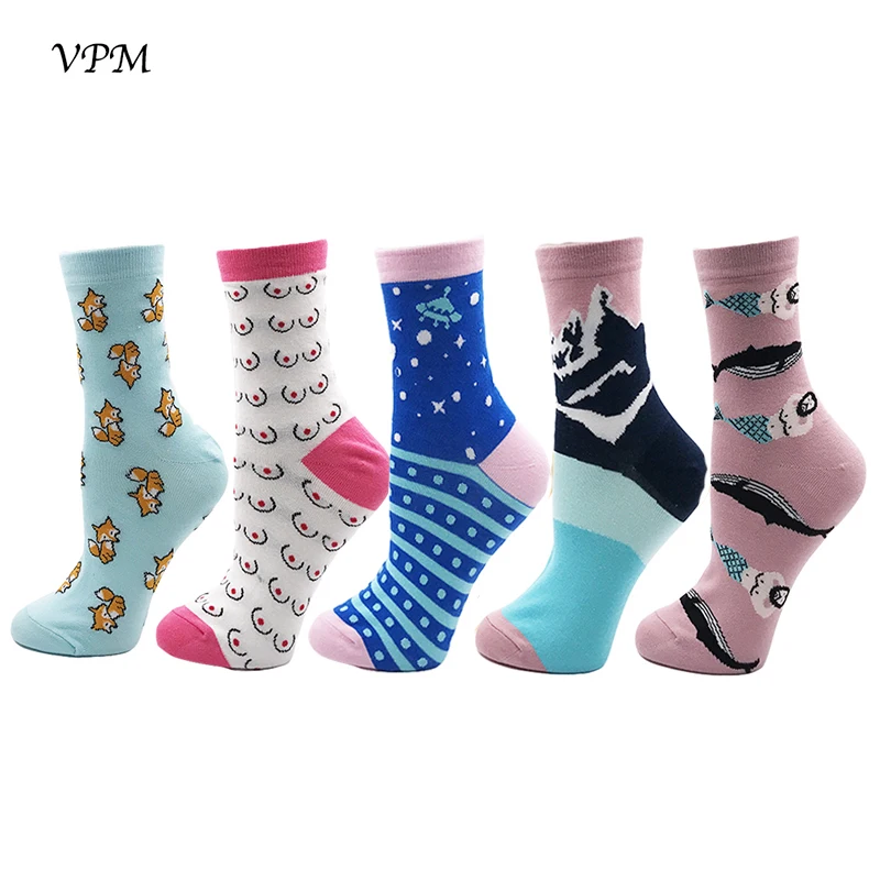 

VPM Women's Socks Colorful Funny Fox Breast Mount Fuji Mermaid Universe Pattern Harajuku Sock for Girl (5 pairs / lot )