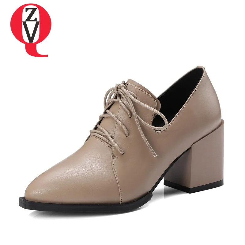 

ZVQ real leather British comfortable pointed toe skid resistance high thick heel good quality spring neutral lace-up shoes