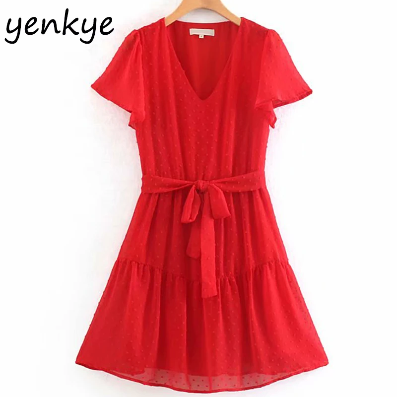 

2019 Women Vintage Dotted Butterfly Sleeve Chiffon Dress Elegant Lady V Neck With Belt A-line Sweet Party Summer Dress SDZZ6067