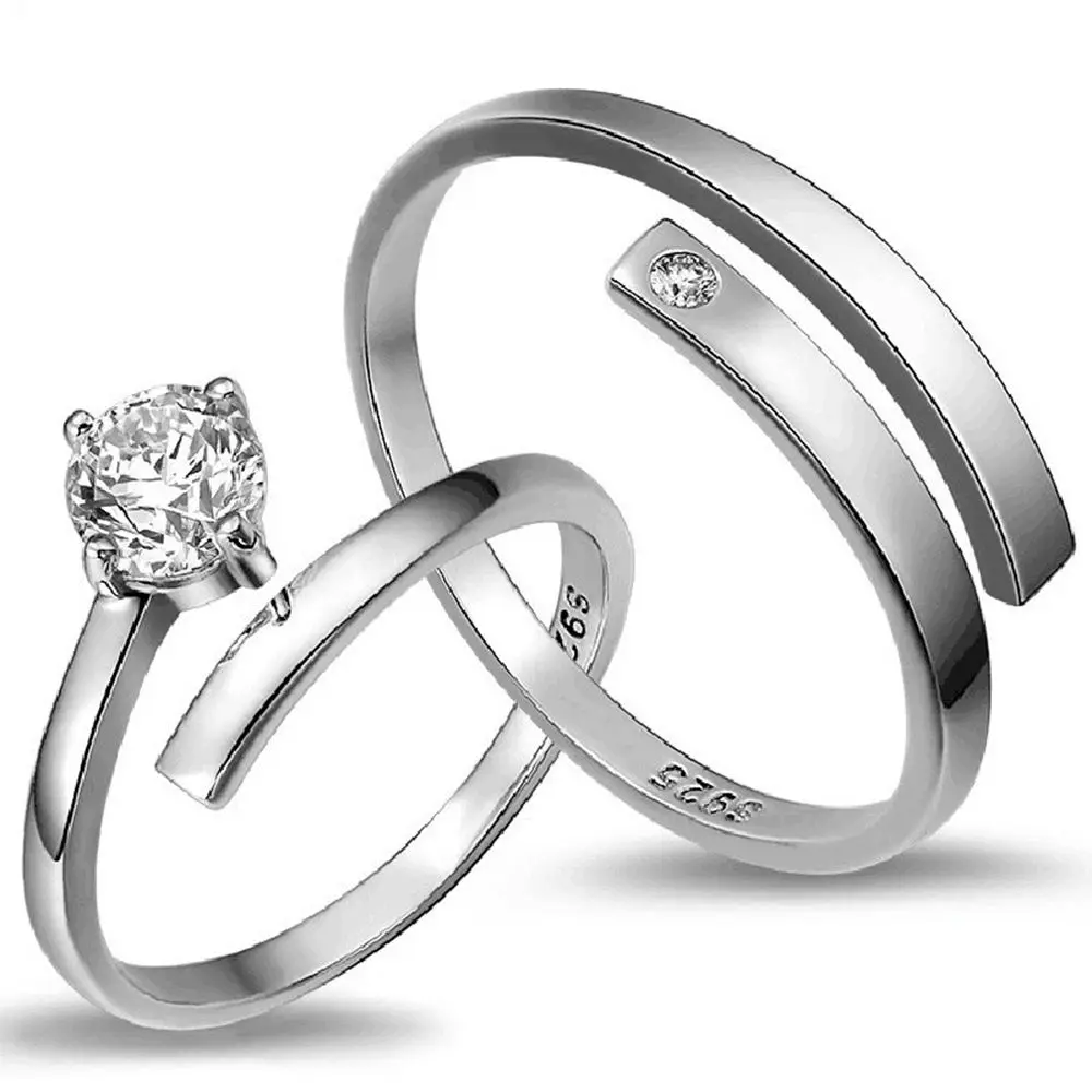Adjustable Couple Rings Set Crystal Open Ring for Wedding Engagement Lover Rings for Women Men