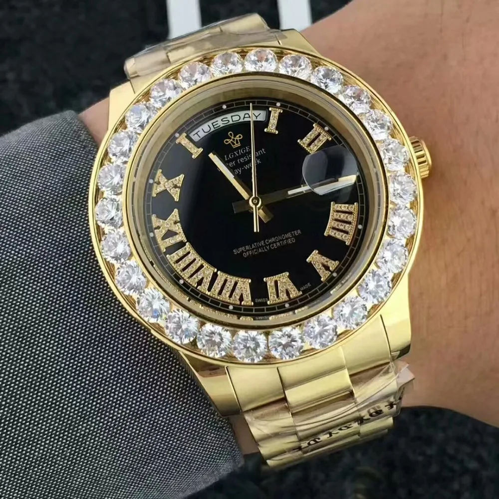 Золотые часы с большим бриллиантом, бренд Iced Out, день, дата, президент, 2813, наручные часы, Бизнес Reloj A, топ, Элитный Мужской дизайнерский часы