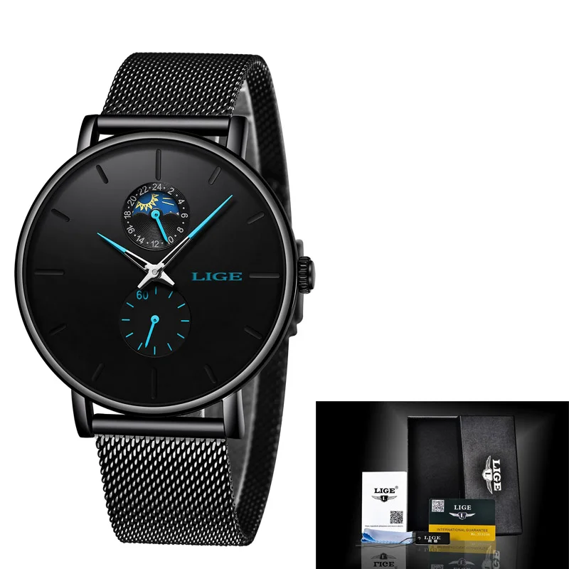 Black blue LIGE, женские часы, Лидирующий бренд, Роскошные, водонепроницаемые, модные, женские, нержавеющая сталь, ультра-тонкие, повседневные, наручные часы, кварцевые часы - Цвет: Black blue