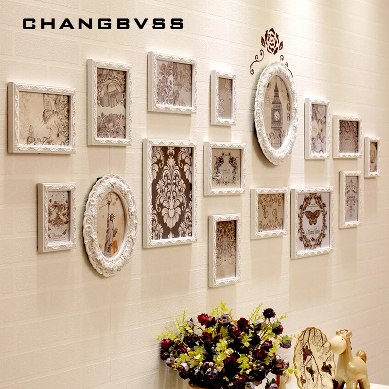 

Europe Style 16 pcs/set Wooden Photo Frame Set,White Frames for Picture,Carved Wooden Picture Frames for Wedding Home Decoration
