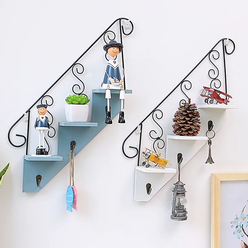 

Wooden Wall Mounted Staircase Storage Racks For Display Bookshelf Decoration Shelf Ladder Storage Racks Ladder Iron Hooks