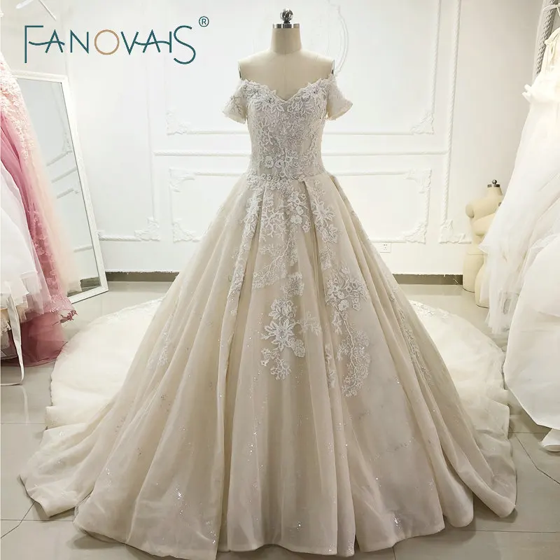 &quotШампанское свадебные платья с плеча рукава бальные длинным поездом Vestido De Novia