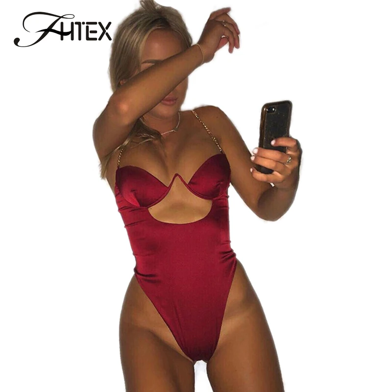 

FHTEX Solid V Neck Sexy Skinny Club Bodysuits Women V Neck Wired Nightclub Party Bodysuits Slip Chain Cami Casual Rompers