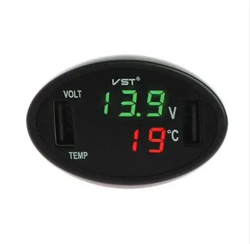 VST Автомобильный цифровой светодиодный термометр Вольтметр автоматический двойной USB зарядное устройство монитор температуры