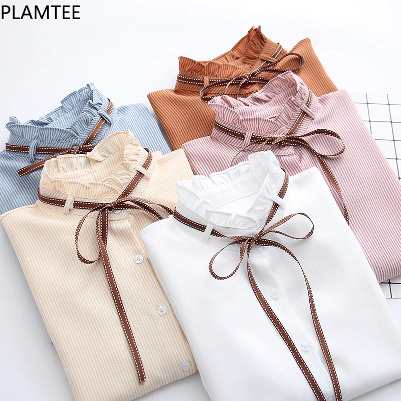 PLAMTEE/2018 весенние однотонные Женские топы и блузки с милым бантом отложным