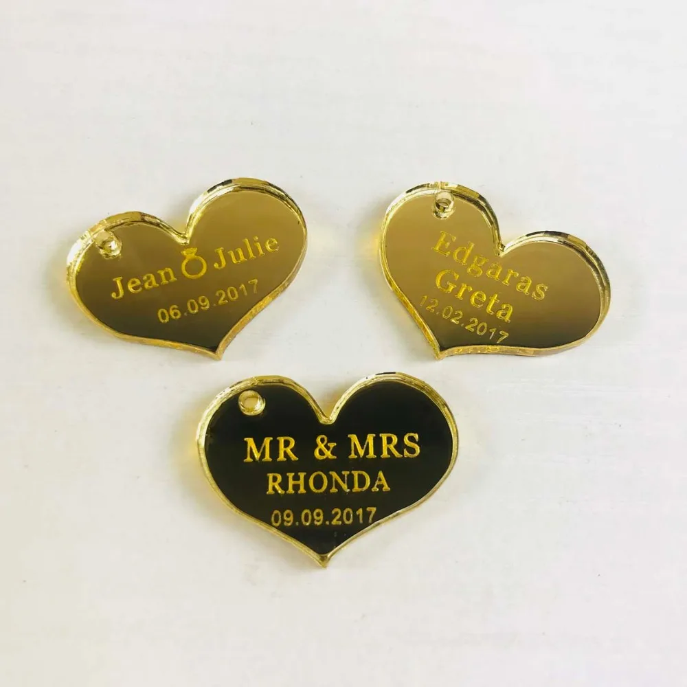 50 pcs Customized Mirror silver gold Heart Label Tag Personalized MR MRS Wedding souvenirs Table Decoration Centerpieces Favors (3)