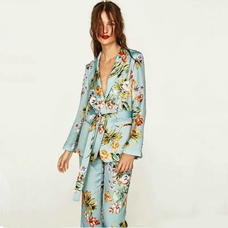 

New Floral Printed Casual Stylish Blazers Summer Autumn Coat Fashion With Belt Single Breasted Long Sleeve Good Quality