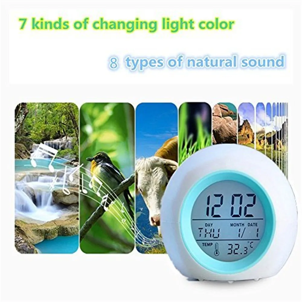 Будильник светодиодный Будильник 7 цветов Изменение цифровых часов с температурным дисплеем и звуком
