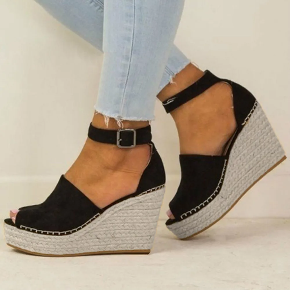 

2019 Women Fashion Dull Polish Sewing Shoes Peep Toe Wedges Flock Sewing Hasp Sandals Flatform Buckle Strap Shoes 30