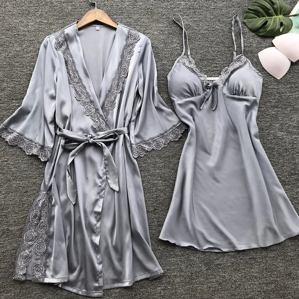 Ночной костюм Дамская мода Сексуальная Пижама Нижнее белье кружевная Пижама с поясом Ночная рубашка набор оптом t3+ 3 - Цвет: Серый
