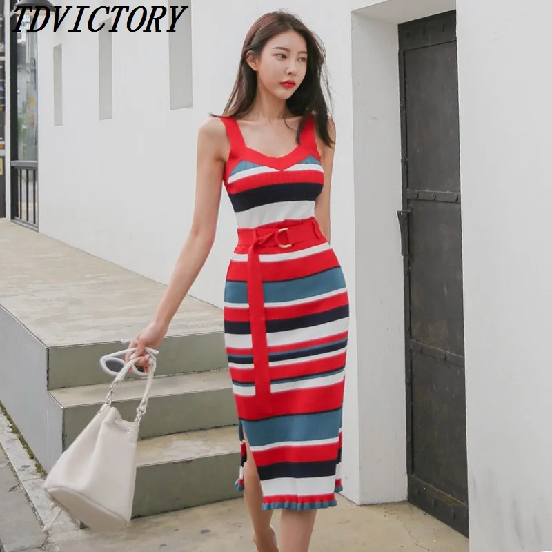 

Women Knitting Sweater Two Piece Set Clothing 2019 Summer Korean Striped Sleeveless Tank Top + Lace-up Bodycon Pencil Skrit Set