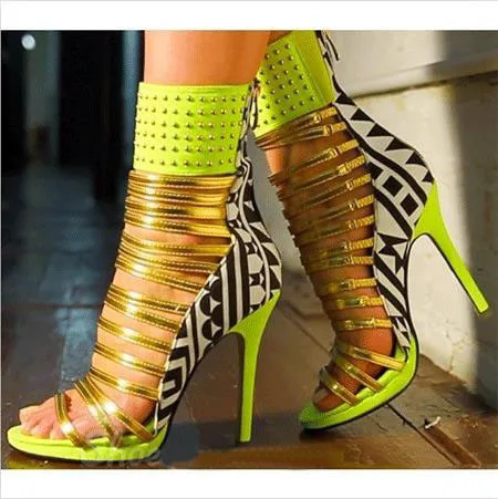 

Multicolor Gold Strappy Peep Toe High-Cut Sandal Boots Studed Design Ankle Strap Decorated Stiletto Sandals Free Ship