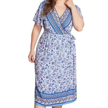 

2019 MAXIORILL New Bohemian Womens Plus Size Floral Ethnic style High Waist V-Neck Summer Dress платье Wholesale y3