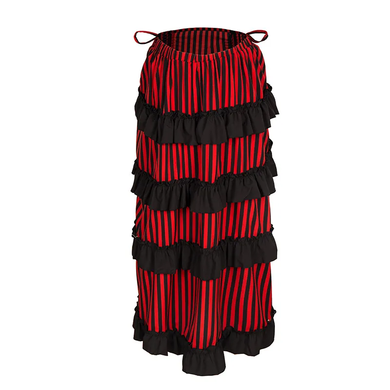 Красный и черный полосатый Асимметричный оборками викторианская готика Костюмы пикантные псевдостаринные юбки Винтаж Gothique длинные юбки