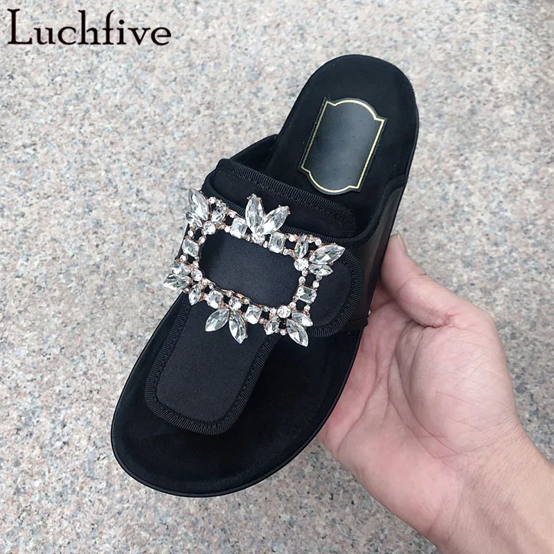 

2019 New Split Toe Crystals Slippers Black Runaway Low Heels Shoes Woman Slip On Summer Slides Rhinestone Zapatos De Mujer