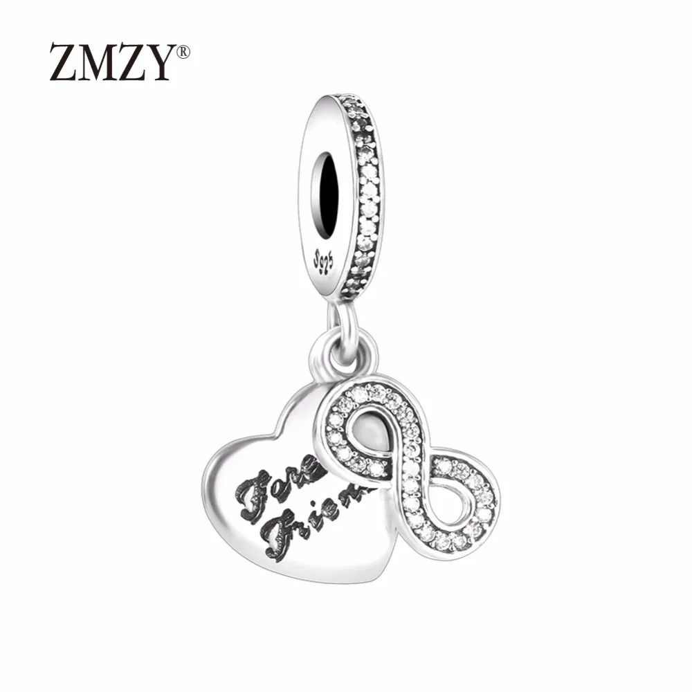 

ZMZY Original 925 Sterling Silver Charms Forever Friends Heart Silver Pendants CZ Beads Fits Pandora Bracelet Women Jewelry