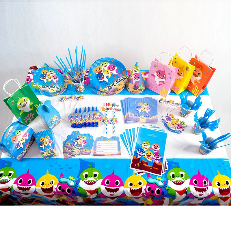 

Baby Shark Disposable Tablewares Set Paper Plate/Cups/Banner/Tablecloth Kids Birthday Party Decorations Baby Shower Party Suppli