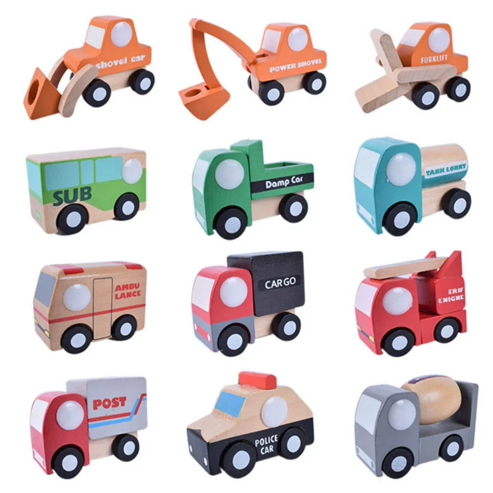 

12Pcs/Set Cute Wooden Assorted Construction Vehicles and Raced Mini Toy Car Airplane Set Baby Kids Toys for Children Gift
