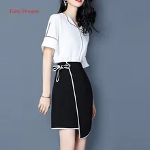 Fairy Dreams 2 Piece Set Women Costume White Shirt Suits The Feminine Tops And Black Skirts With Bow 2017 Summer Fashion Clothes