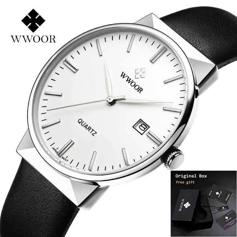 

WWOOR 2019 Men's Wrist Watches Top Brand Luxury Sport Men Genuine Leather Strap Date Watches Black Watch For Men reloj hombre
