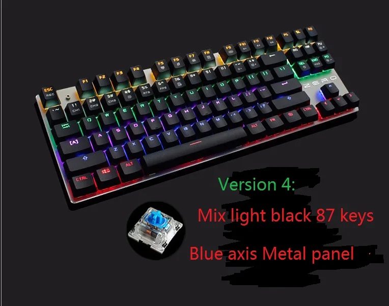 METOO игровая механическая клавиатура с 87/104 клавишами, с защитой от привидения, светящаяся, синяя, черная, с подсветкой, светодиодная Проводная клавиатура, русская наклейка - Цвет: Mix light black 87