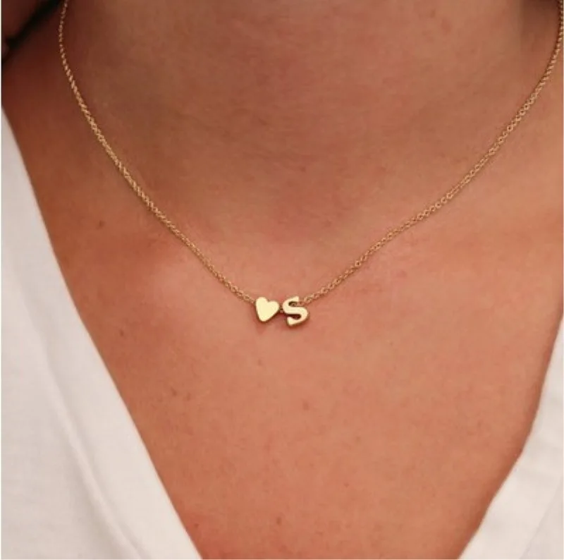 

Tiny Gold Silver Initial Name Choker Necklace 26 Letters &Heart Pendant Necklace Women Collares Collier Gift Jewelry 1070