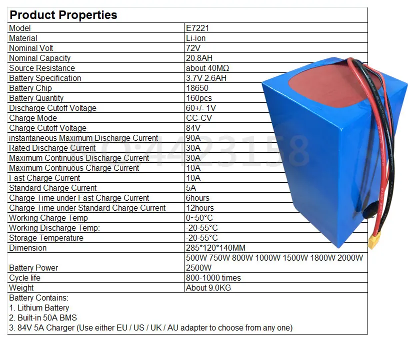 Excellent Free Custom Duty High Quality 2500W 72V 20AH Scooter Battery 72V 20AH EBike Lithium Battery 72 V Battery Pack With 50A BMS Charg 2