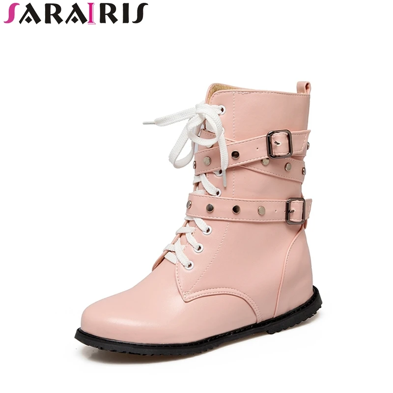 

SARAIRIS Spring Autumn Plus Size 34-48 Lace Up Women Boots Rivet Strap Punk Platform Low Height Increasing Women Shoes