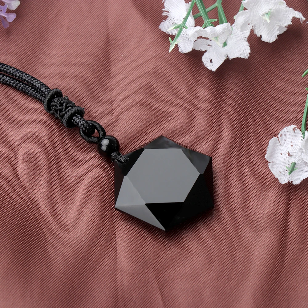 1PC Men&Women Natural Black Obsidian Stone Necklace Six Stars Pendant Energy Stone Necklace Sweater Chain Fashion Lucky Jewelry