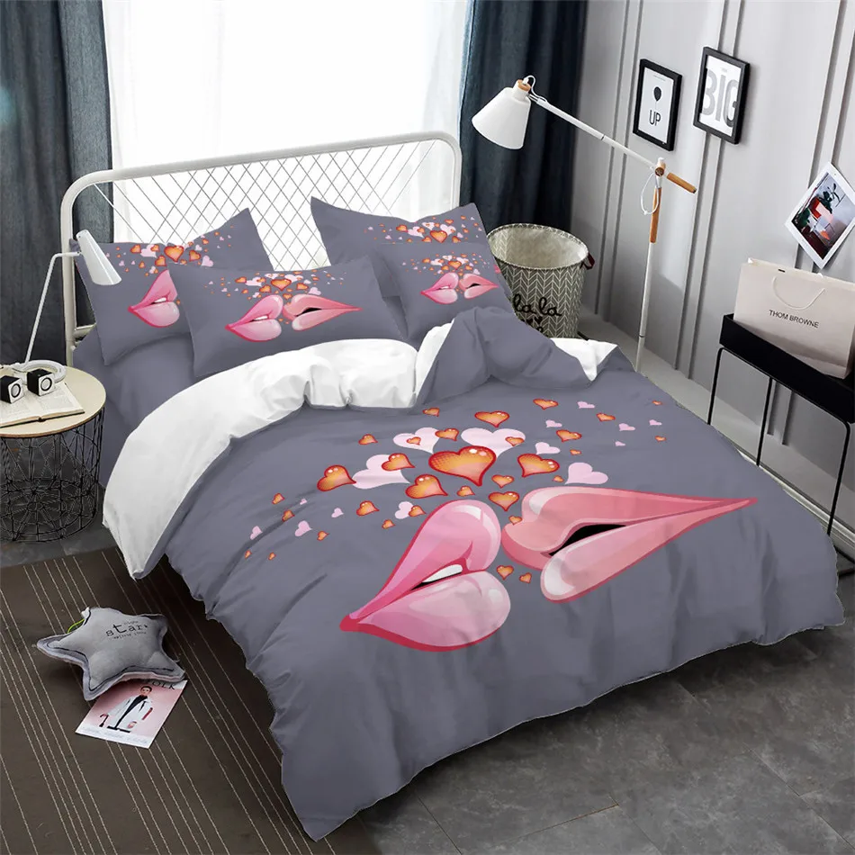Sweet Couples Bedding Set Lips Kiss Heart Print Duvet Cover Set