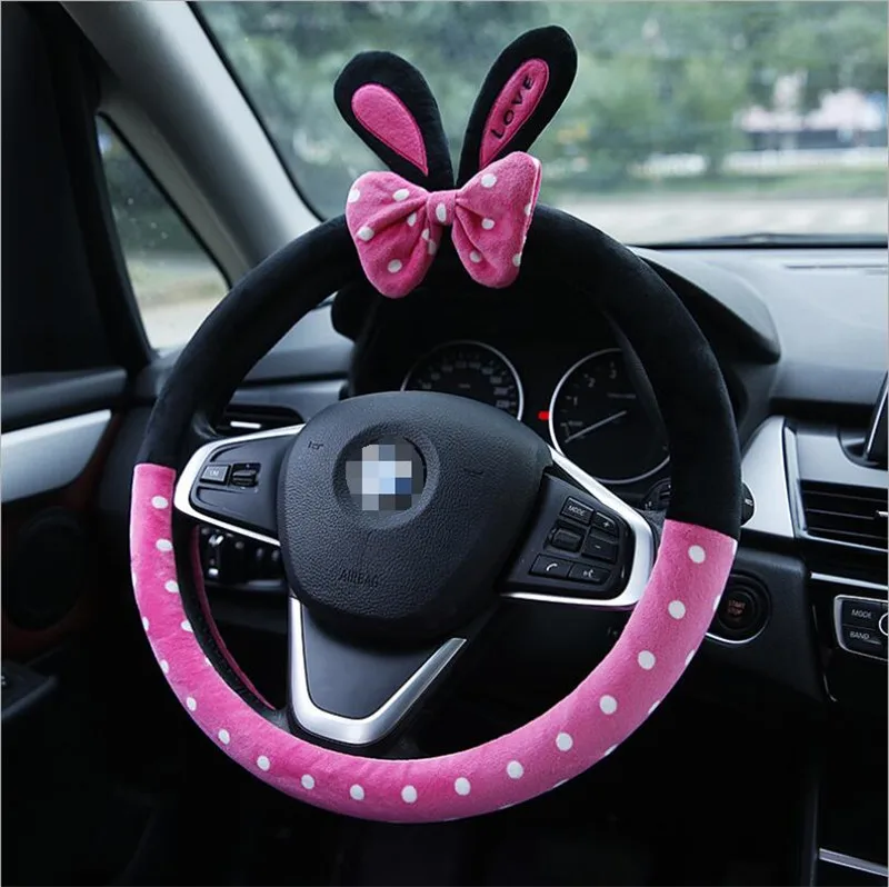 

2017 New Winter Cartoon Steering wheel cover Bow rabbit plush wheel cover 38CM diameter auto decoration car styling accessories