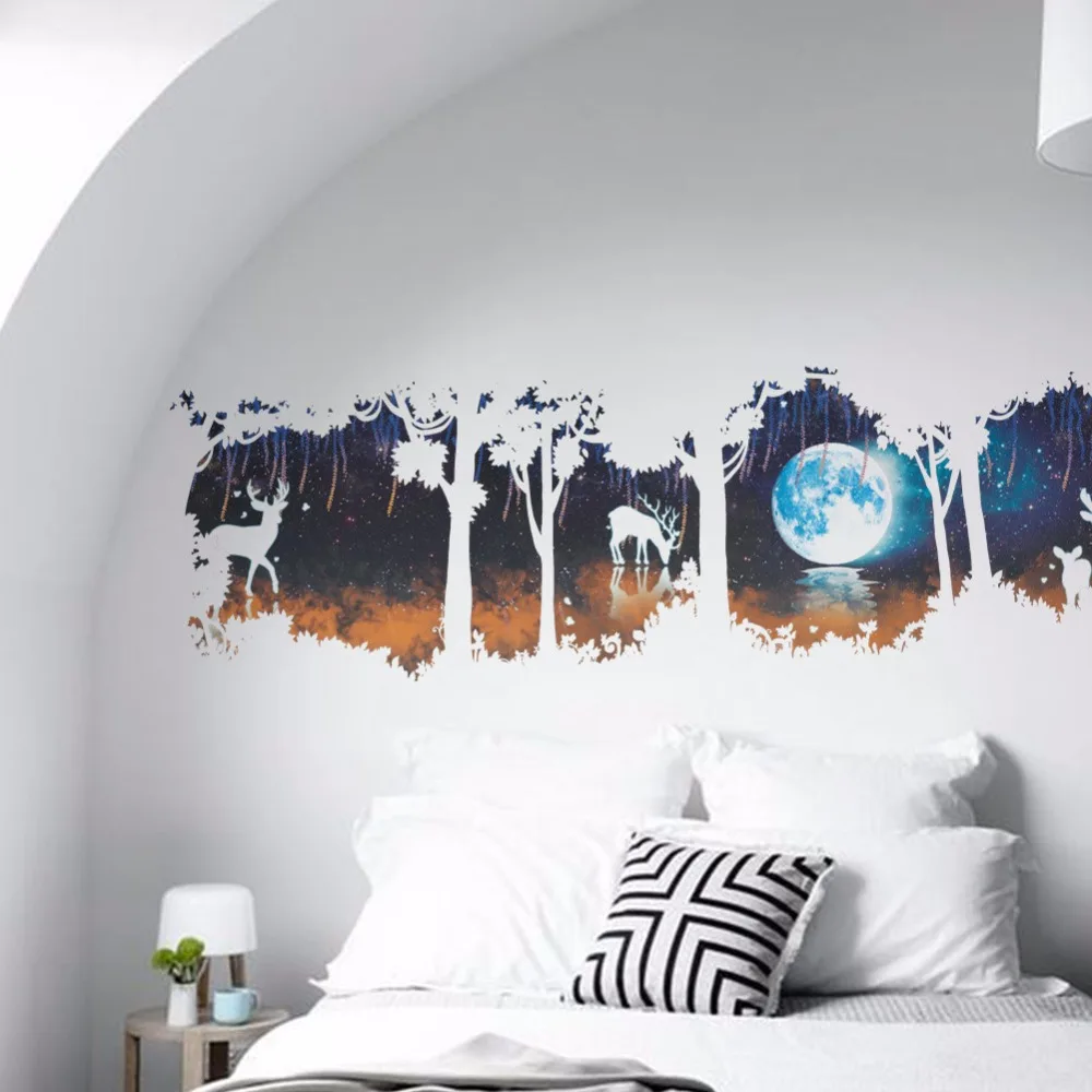 3D стерео эффект лес белый олень Луна самоклеющиеся наклейки на стену гостиная диван фон декоративные наклейки на стену 095