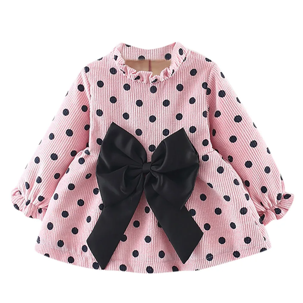 Baby Girls Winter Dress Newborn Infant Baby Long Sleeve Dot Bowknot Princess Dress Formal Bridesmaid Wedding Girl Party Vestido