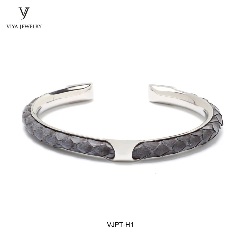 

Wholesale Grey Python Leather Cord & Stainless Steel Hardware Couple Bangle Lot Custom Luxury Python Men Women Jewelry For Lover