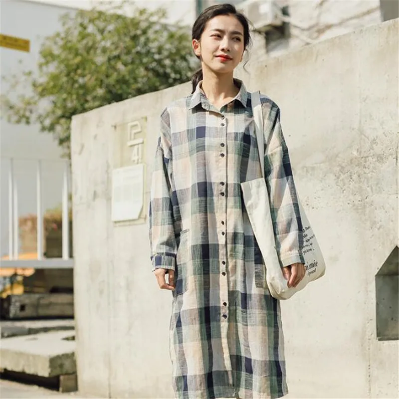 Женская длинная рубашка в клетку из хлопка и льна|shirt female|long shirtplaid women |