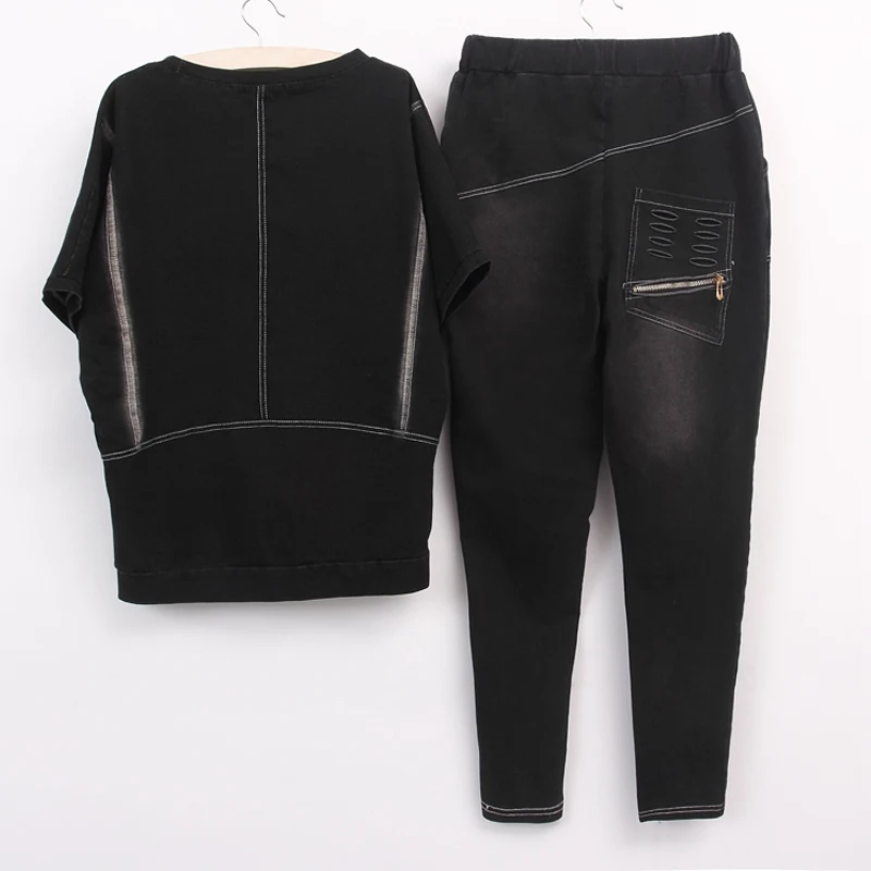 Весенне-летний женский джинсовый комплект размера плюс комплект из 2 предметов Женское пальто шаровары свободные повседневные модные дамские комплекты из двух предметов 5XL