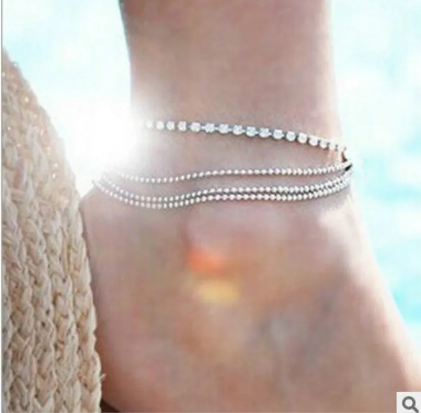 

Fashion Jewelry Silver Feet New Multi-layer Metal Chain Ball Chain Bohemian Flash Drill Anklet Crystal Anklet Wedding Anklet