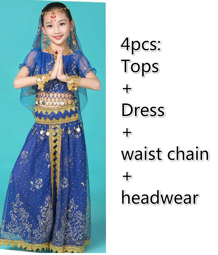 Детские индийские костюмы для танца живота, египетские вечерние костюмы для выступлений, танцевальная одежда Для Болливуда, Восточный Костюм для Хеллоуина - Цвет: 4pcs dark blue