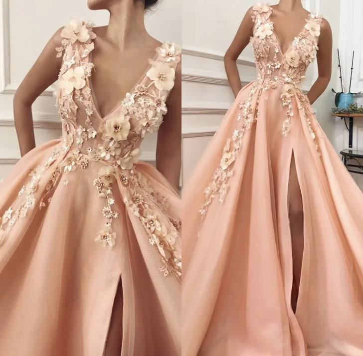 Pink Salmon Mesh Net Prom Dress Fabric Embroideried Flowery Details A line Evening Dresses V neck Open Legspecial Occasions